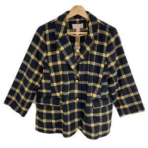 Laurie Felt Blazer‎ Blue Yellow Plaid 3/4 Sleeve NWOT Size 16